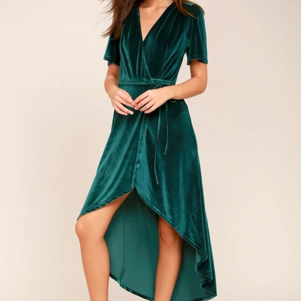 🆕 Amour Teal Green Velvet High-Low Wrap Dress
